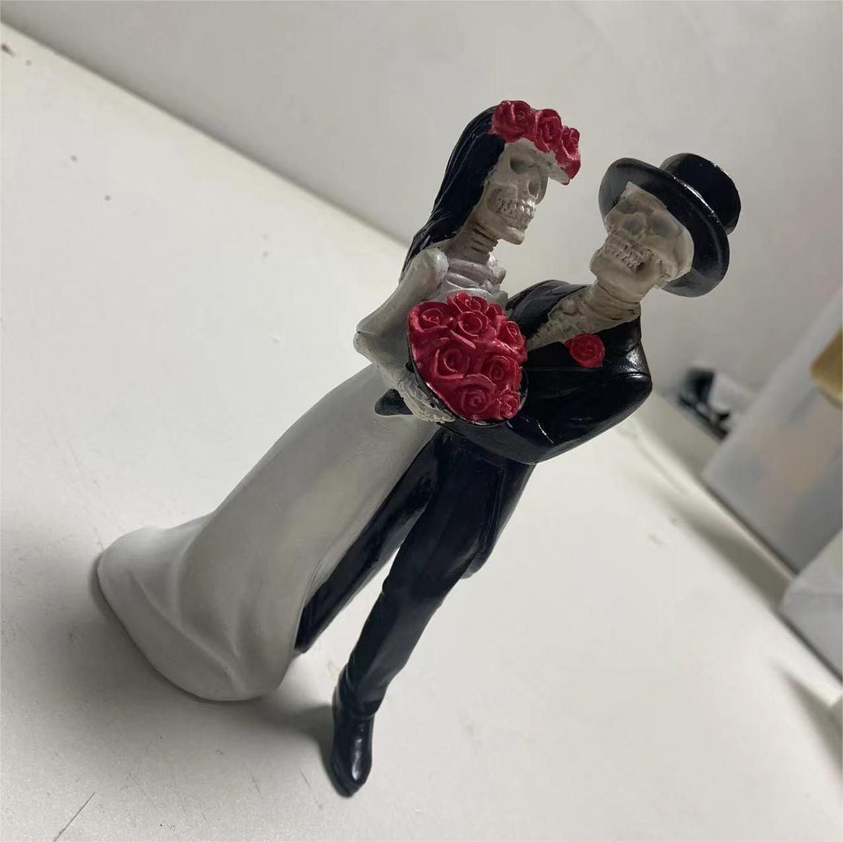 Day Of The Dead Wedding Dance Skeleton Bride And Groom Holding Red Roses Bouquet Figurine Cake Topper Tall Love Never Dies Bridal
