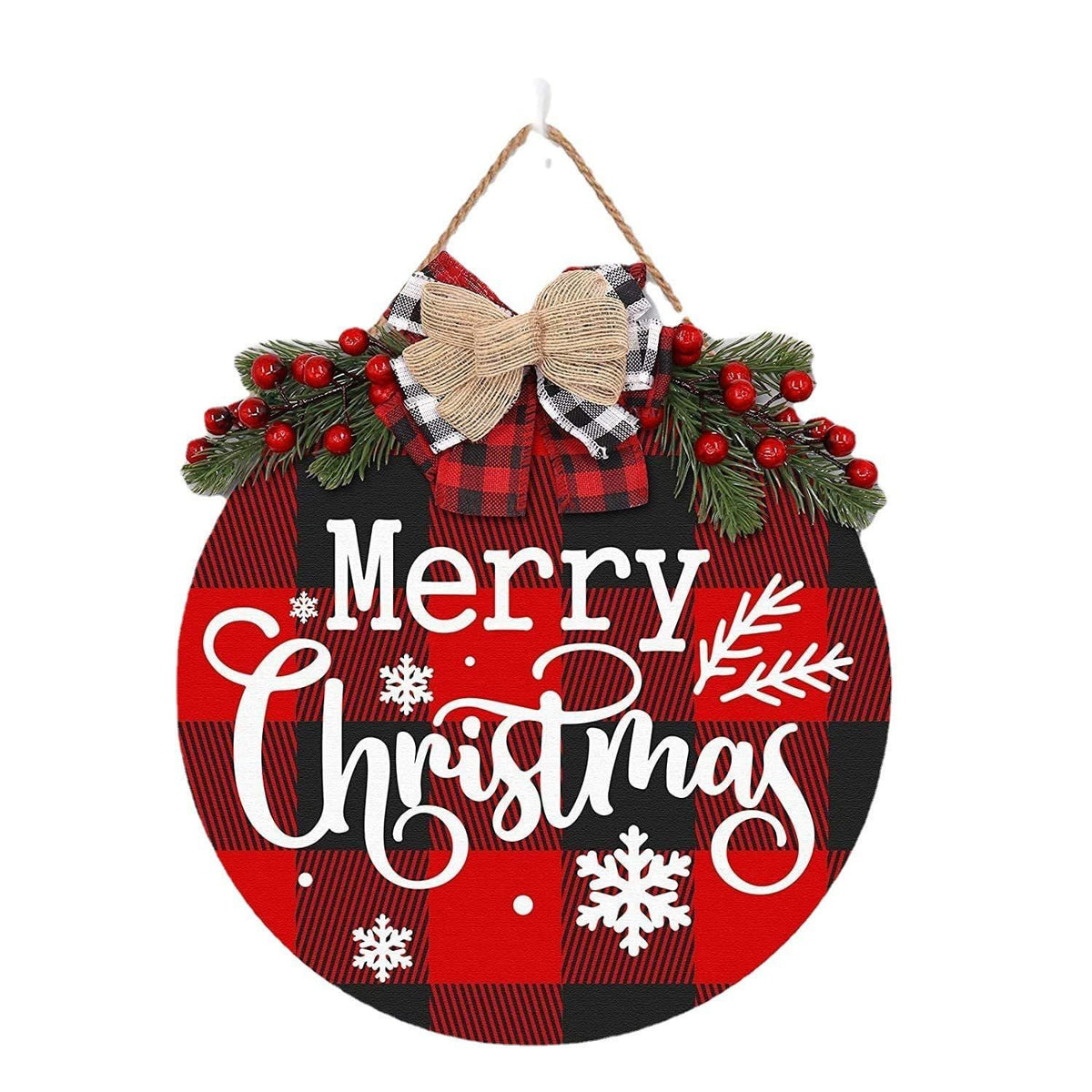Christmas Wreath Buffalo Plaid Xmas Decorations Merry Christmas Sign for Door Porch Wall Window Outside Decorations Holiday