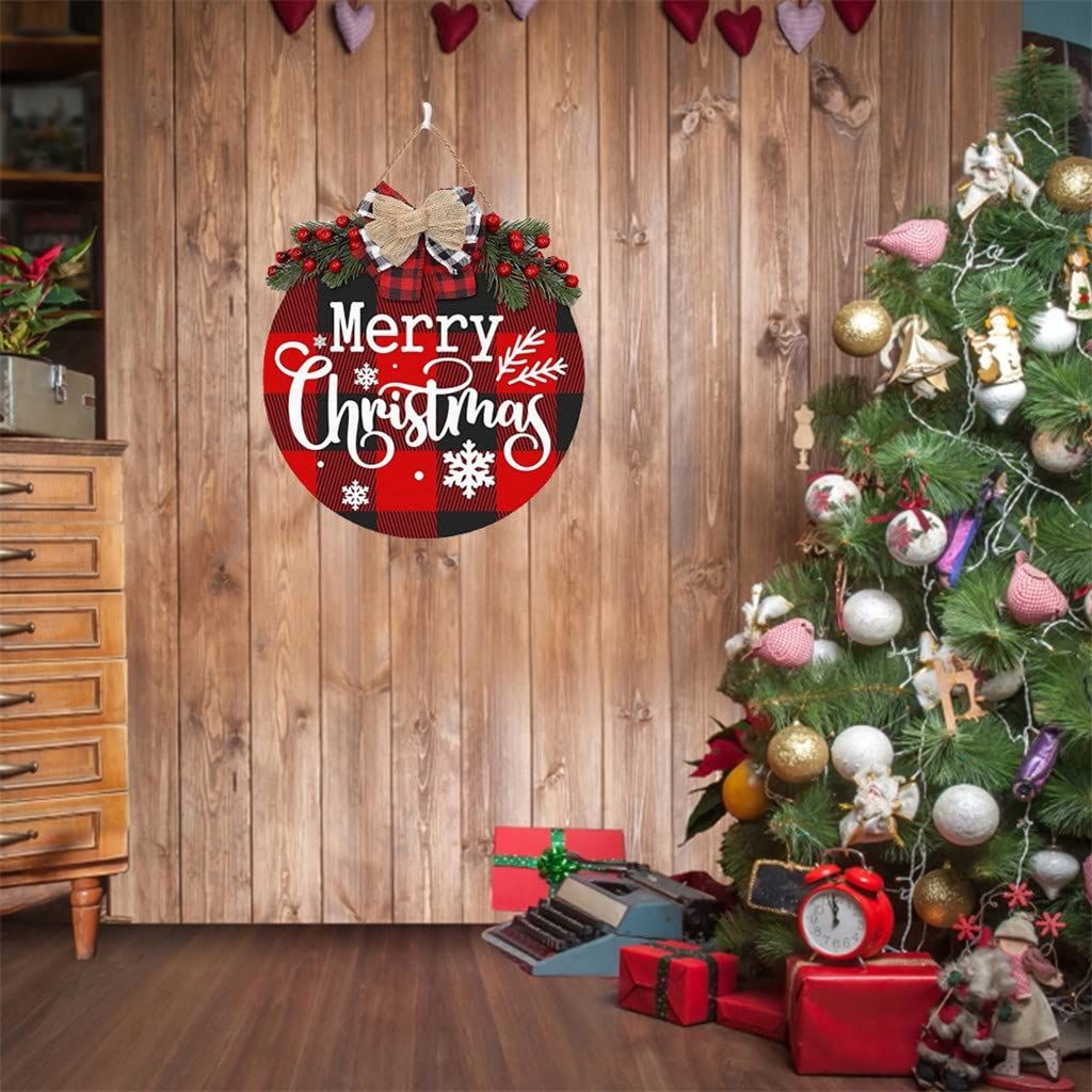 Christmas Wreath Buffalo Plaid Xmas Decorations Merry Christmas Sign for Door Porch Wall Window Outside Decorations Holiday