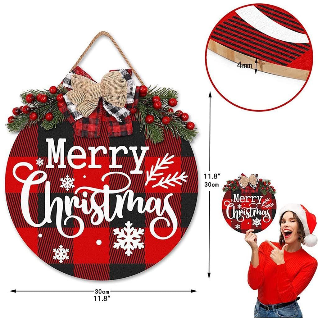 Christmas Wreath Buffalo Plaid Xmas Decorations Merry Christmas Sign for Door Porch Wall Window Outside Decorations Holiday
