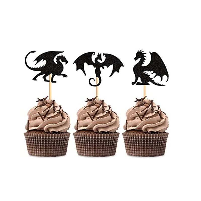 24 Pack Dragon Cupcake Toppers Glitter Fantasy Birthday Cupcake Picks for Flying Dragon Theme Baby Shower Kids Birthday