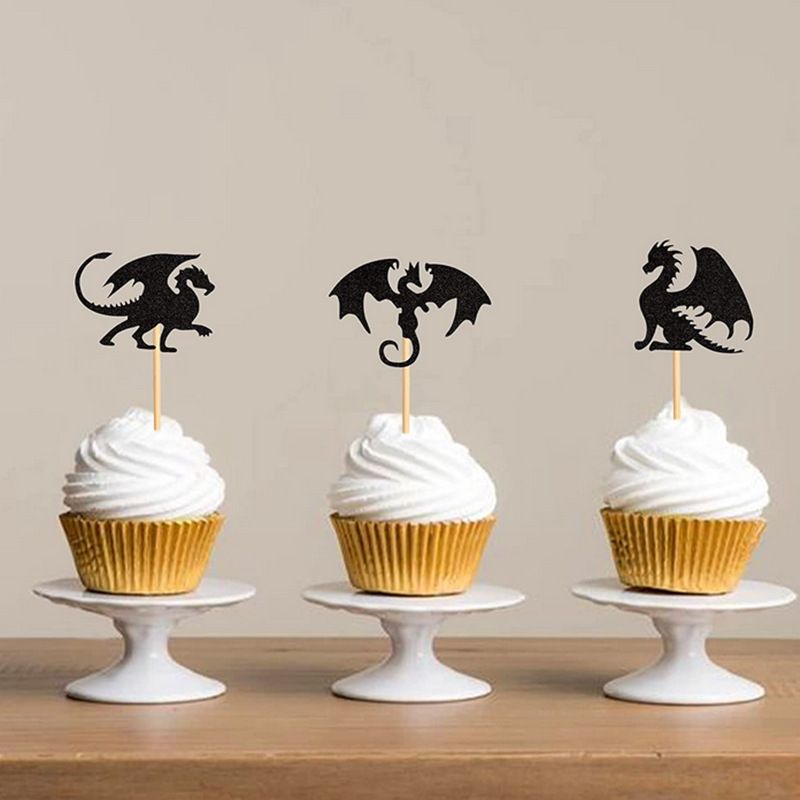 24 Pack Dragon Cupcake Toppers Glitter Fantasy Birthday Cupcake Picks for Flying Dragon Theme Baby Shower Kids Birthday