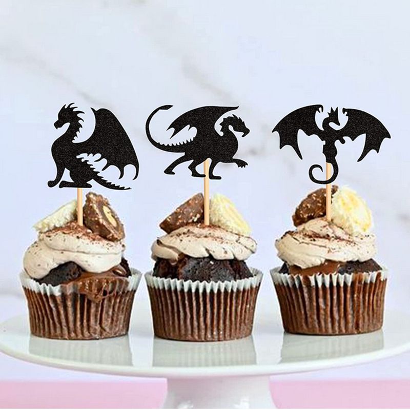 24 Pack Dragon Cupcake Toppers Glitter Fantasy Birthday Cupcake Picks for Flying Dragon Theme Baby Shower Kids Birthday