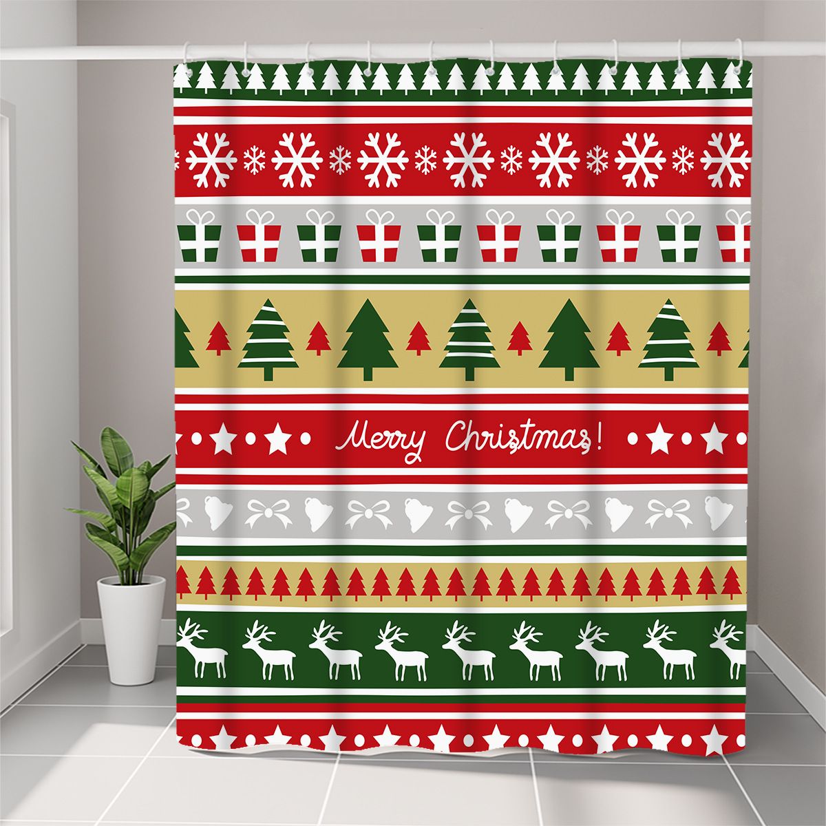 Merry Christmas Shower Curtain Christmas Tree Winter Snowflake Deer Gift Star Shower Curtain with 12 Hooks Decorative 72x72 Inch