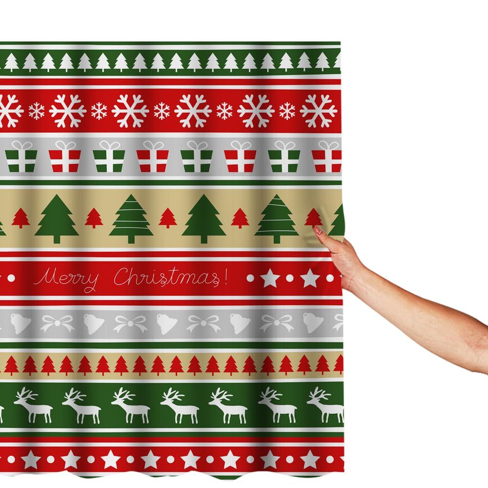 Merry Christmas Shower Curtain Christmas Tree Winter Snowflake Deer Gift Star Shower Curtain with 12 Hooks Decorative 72x72 Inch