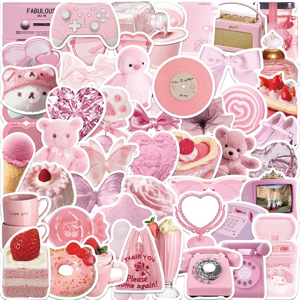 50Pcs Ins Fresh Girlish Style Pink Tone Waterproof Stickers, Cute Aesthetic Stickers. Decorative Stickers for Water Bottles, Case