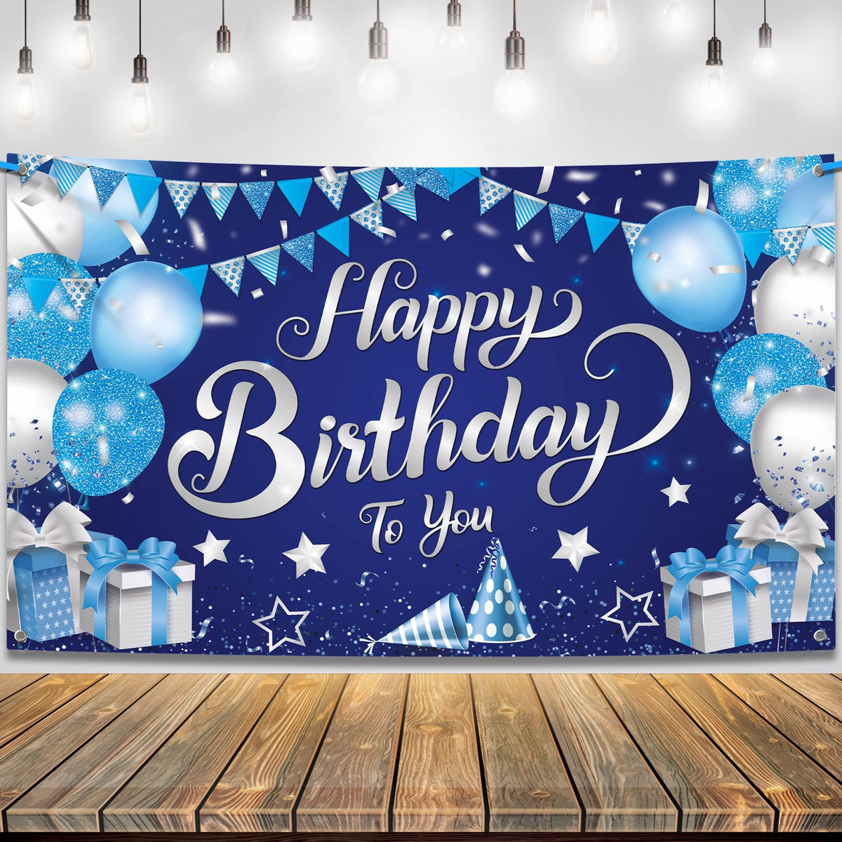 Silver and Blue Happy Birthday Backdrop,2x44 Inch | Happy Birthday Banner for Men | Blue Birthday Banner, Happy Decorations