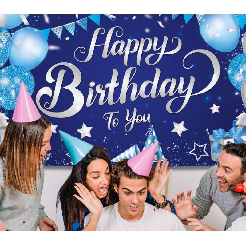 Silver and Blue Happy Birthday Backdrop,2x44 Inch | Happy Birthday Banner for Men | Blue Birthday Banner, Happy Decorations