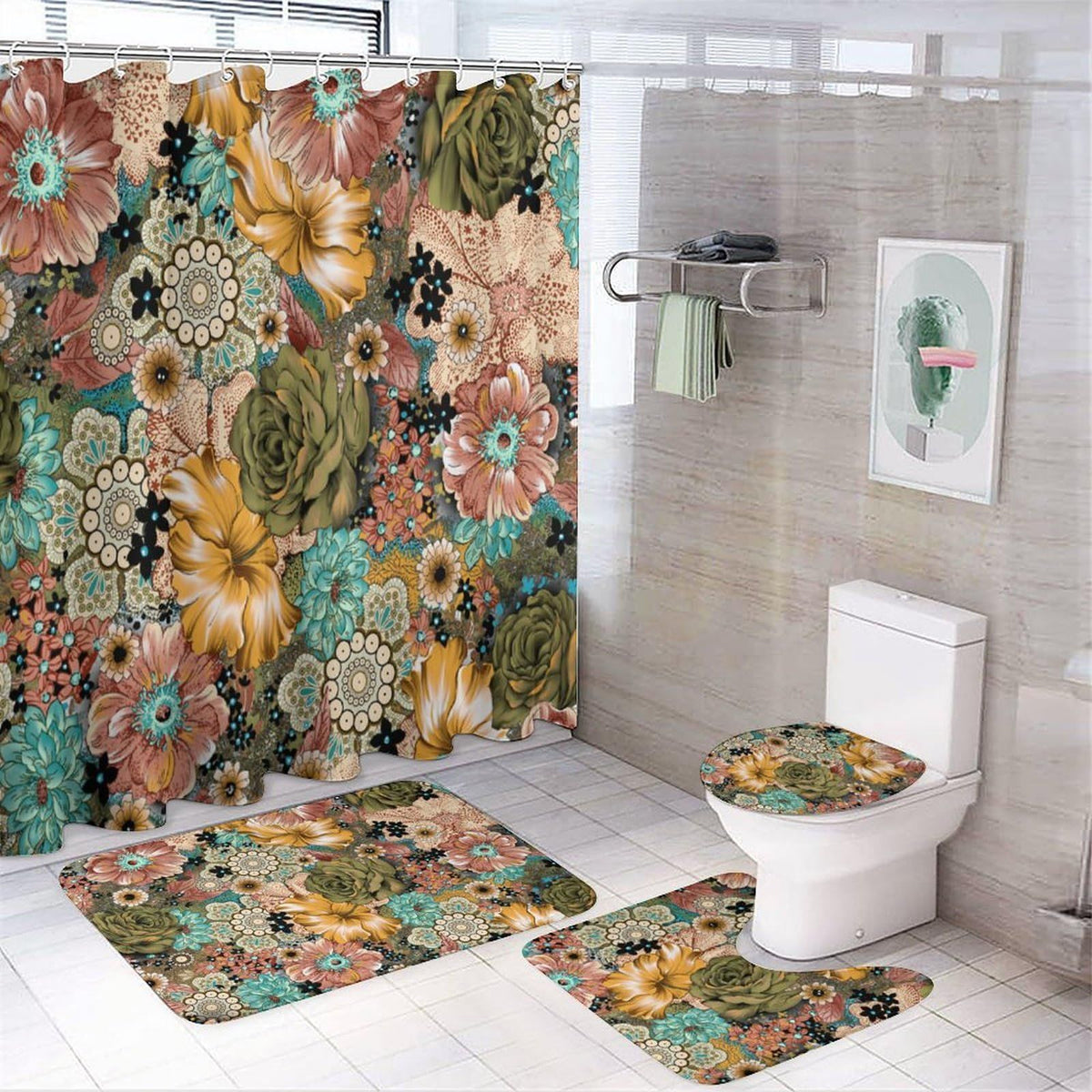 Watercolor Boho Flowers Shower Curtain Sets 4 Piece,Abstract Indian Mandala Vintage Colorful Spring Floral Bathroom Decor Sets