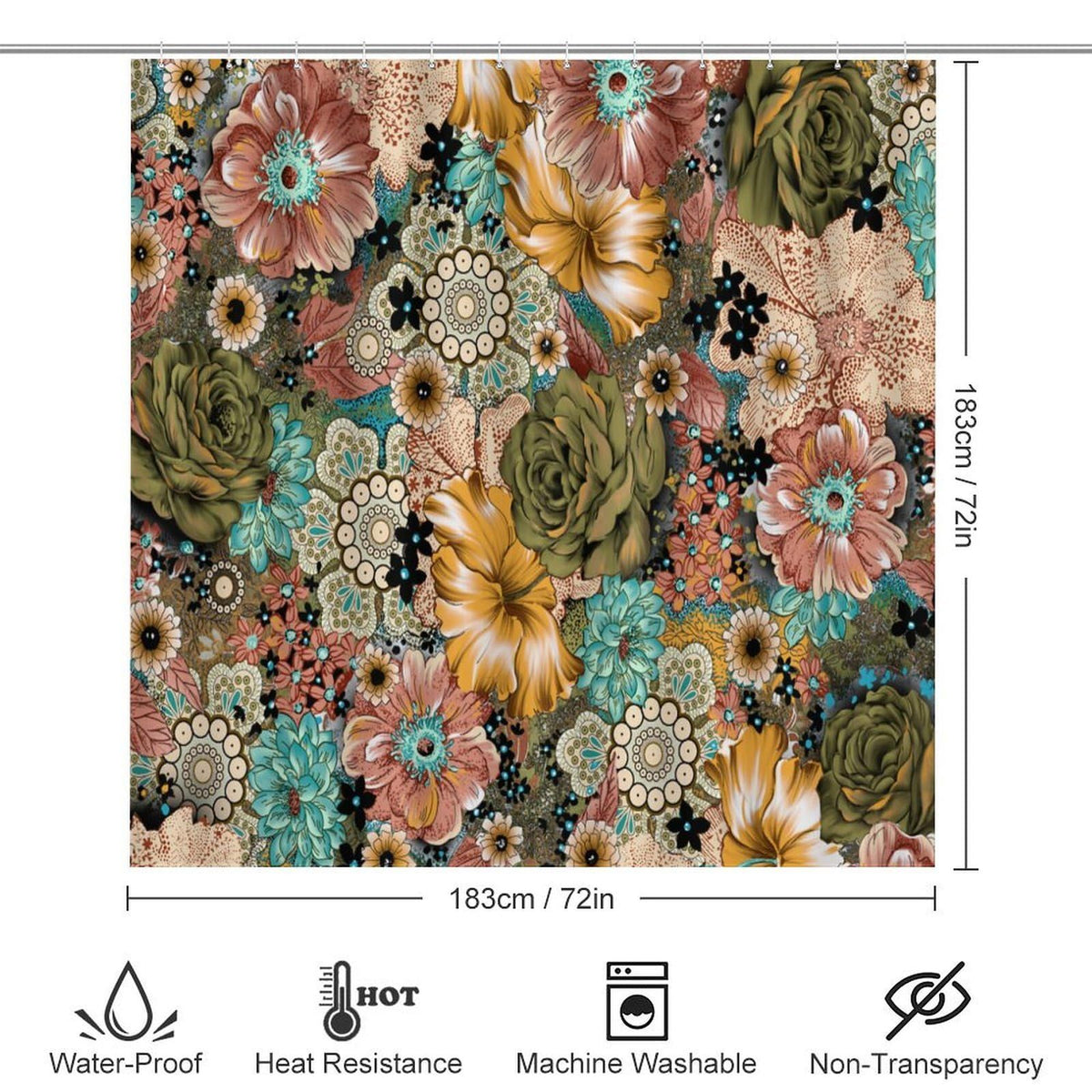 Watercolor Boho Flowers Shower Curtain Sets 4 Piece,Abstract Indian Mandala Vintage Colorful Spring Floral Bathroom Decor Sets