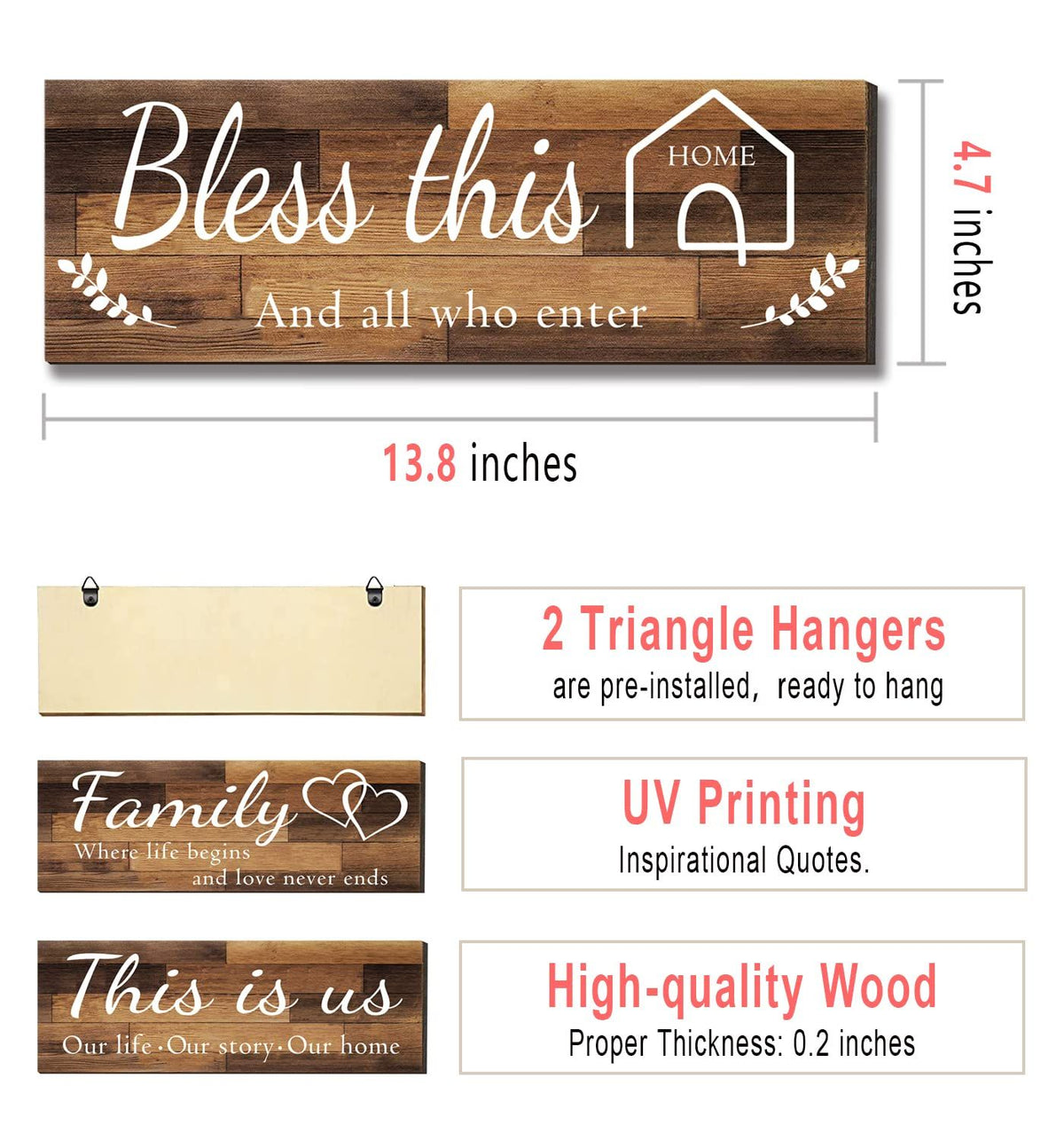 4 Pieces Home Wall Signs, THIS IS US/TOGETHER/BLESS THIS HOME/FAMILY Wall Decor For Living Room Bedroom, 4.7 x 13.8 Inch(Brown)