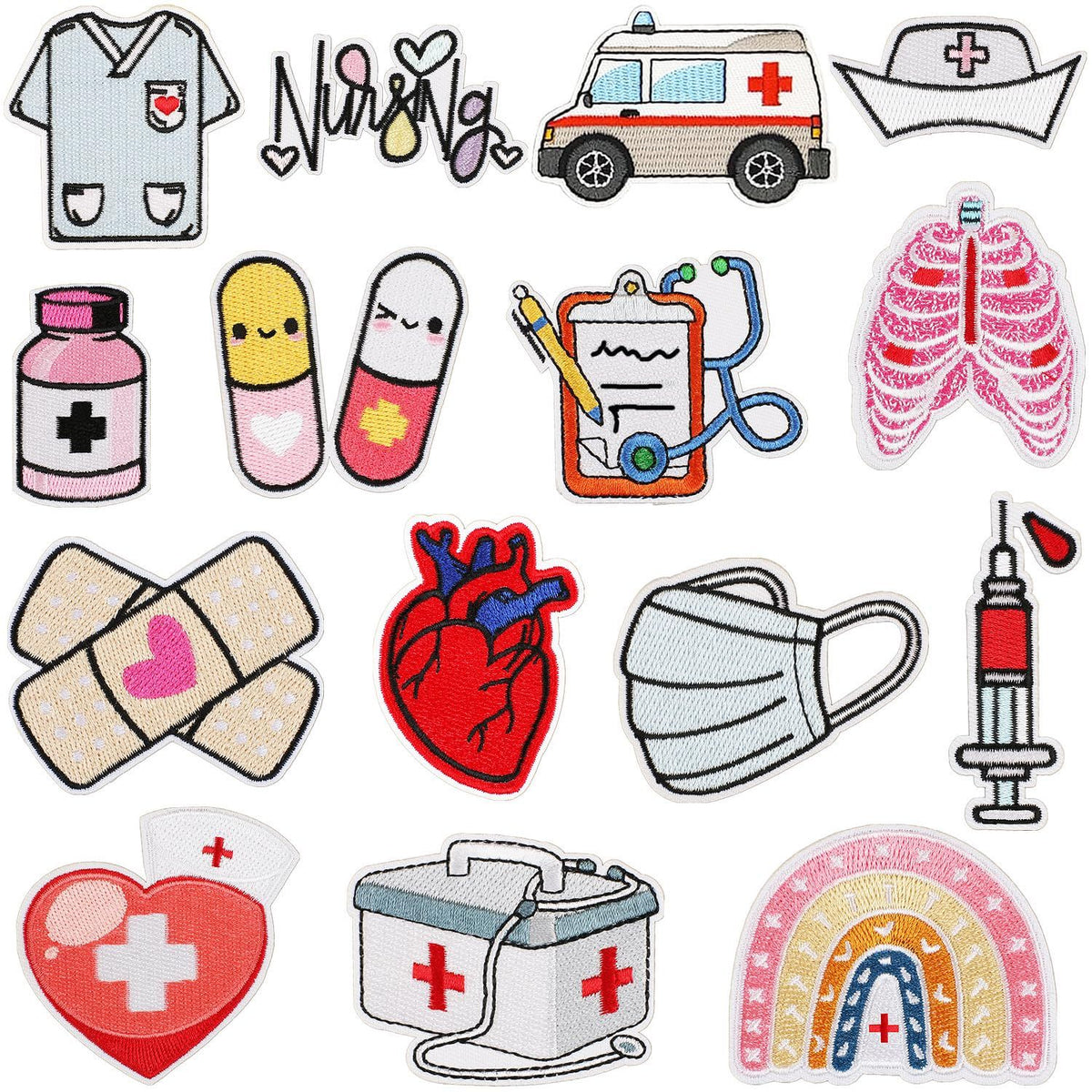15Pcs Assorted Nurse Embroidered Patches Cute Medical Nursing Sew Iron on Applique Decorative Repair Patch Emblem Nurse's Day