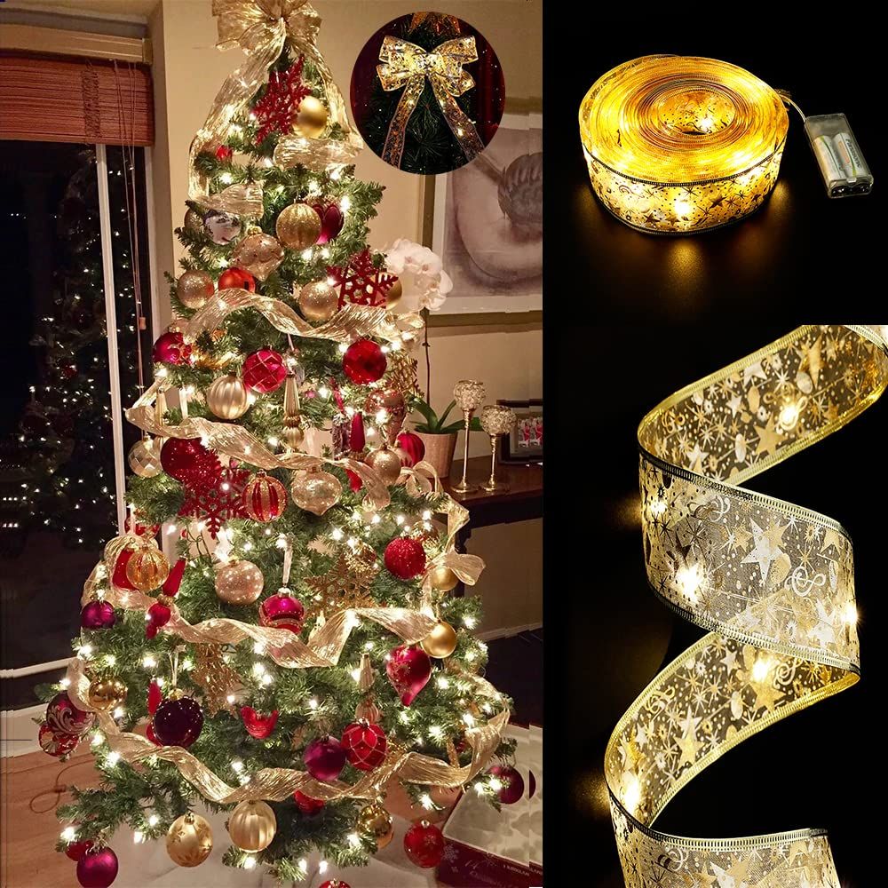 Christmas Tree Decorations String Lights 32ft 100 LED Lights Copper Wire Ribbon (Gold Warm Light Battery Powered)