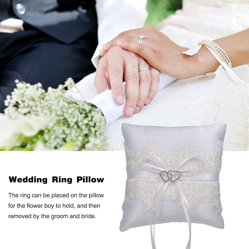 Wedding Ring Pillow White Bowknot Ring Bearer Pillow Holder Rhinestones Hollow Heart Decorative Ring Pillow Romantic Ring Bearer