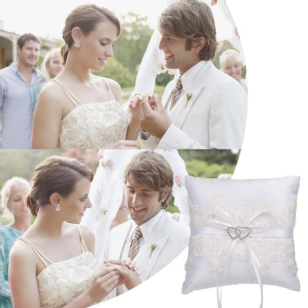 Wedding Ring Pillow White Bowknot Ring Bearer Pillow Holder Rhinestones Hollow Heart Decorative Ring Pillow Romantic Ring Bearer