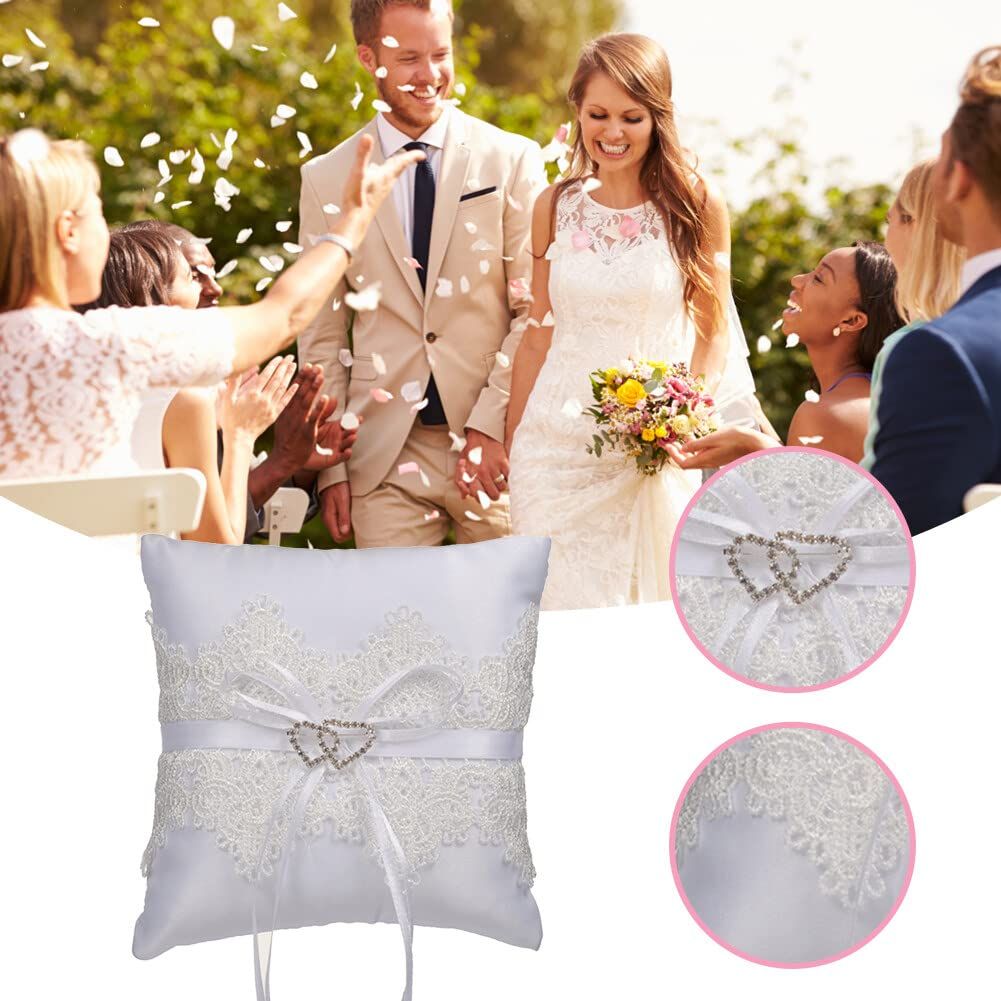 Wedding Ring Pillow White Bowknot Ring Bearer Pillow Holder Rhinestones Hollow Heart Decorative Ring Pillow Romantic Ring Bearer