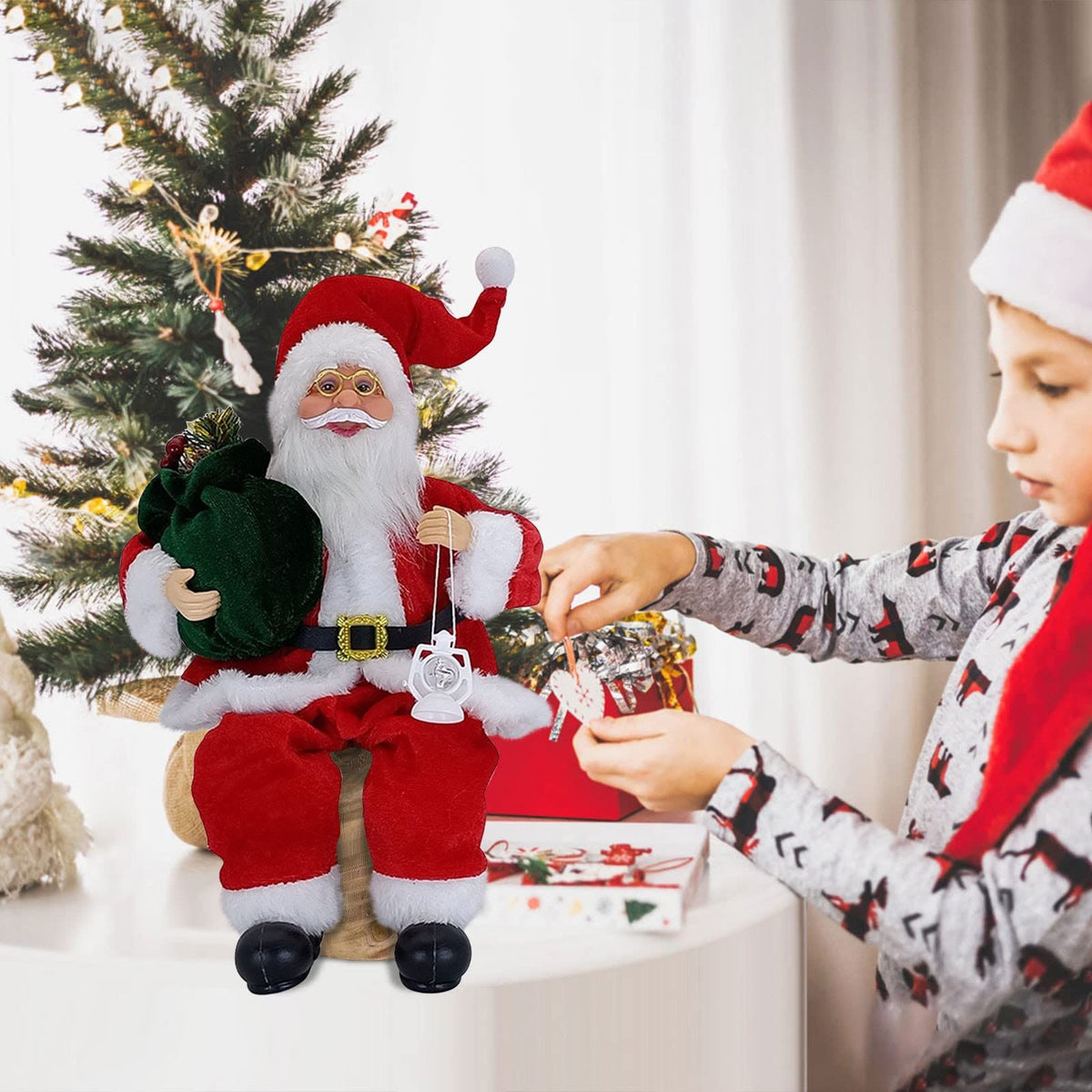 12inch Santa Figurines Doll Christmas Sitting Santa Claus Decoration for Room Fireplace Tabletop Centerpieces (red Lantern)