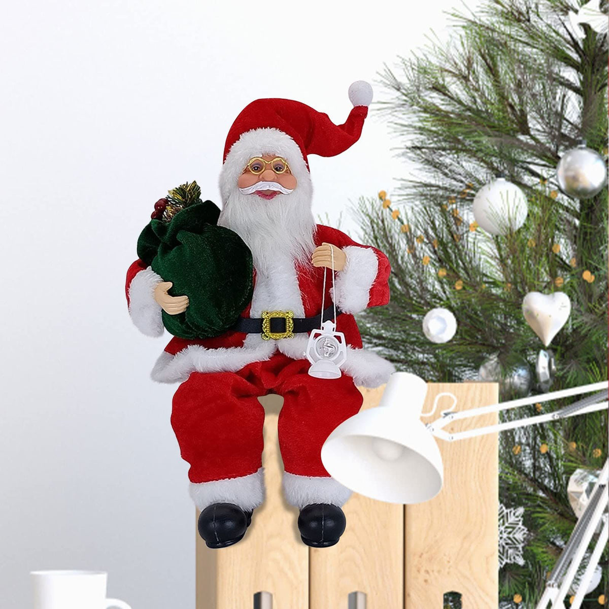 12inch Santa Figurines Doll Christmas Sitting Santa Claus Decoration for Room Fireplace Tabletop Centerpieces (red Lantern)