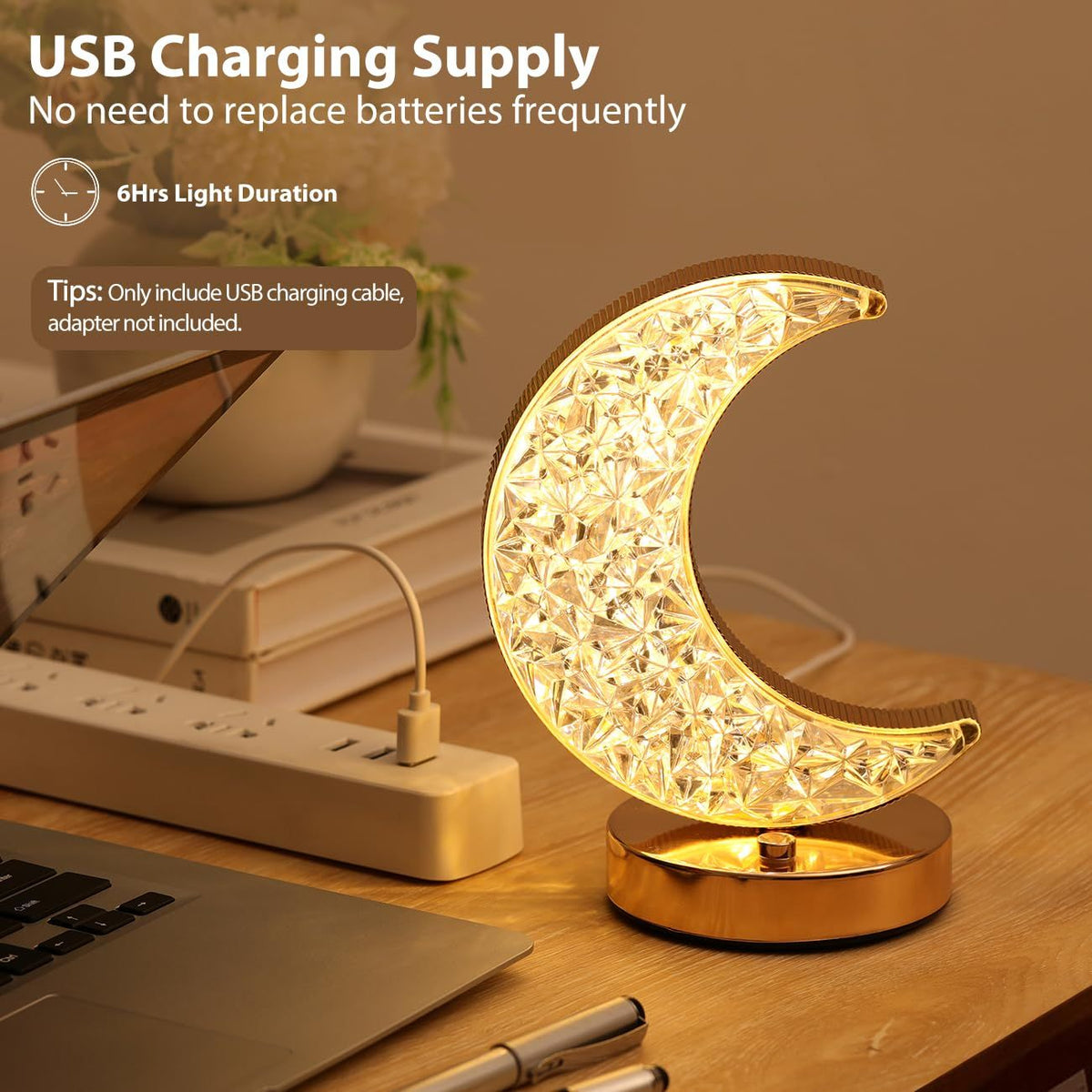 Crescent Moon Table Lamp, Stepless Dimmable Touch Lamp with 3 Colors, Rechargeable Night Light with USB , Living Room Home Decor