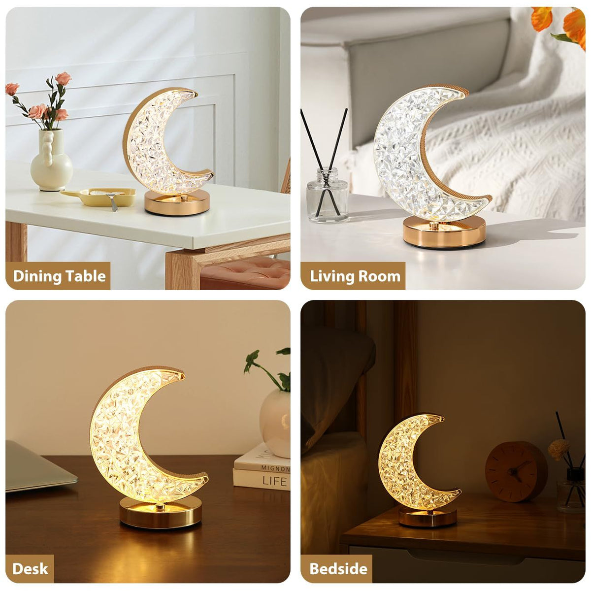 Crescent Moon Table Lamp, Stepless Dimmable Touch Lamp with 3 Colors, Rechargeable Night Light with USB , Living Room Home Decor