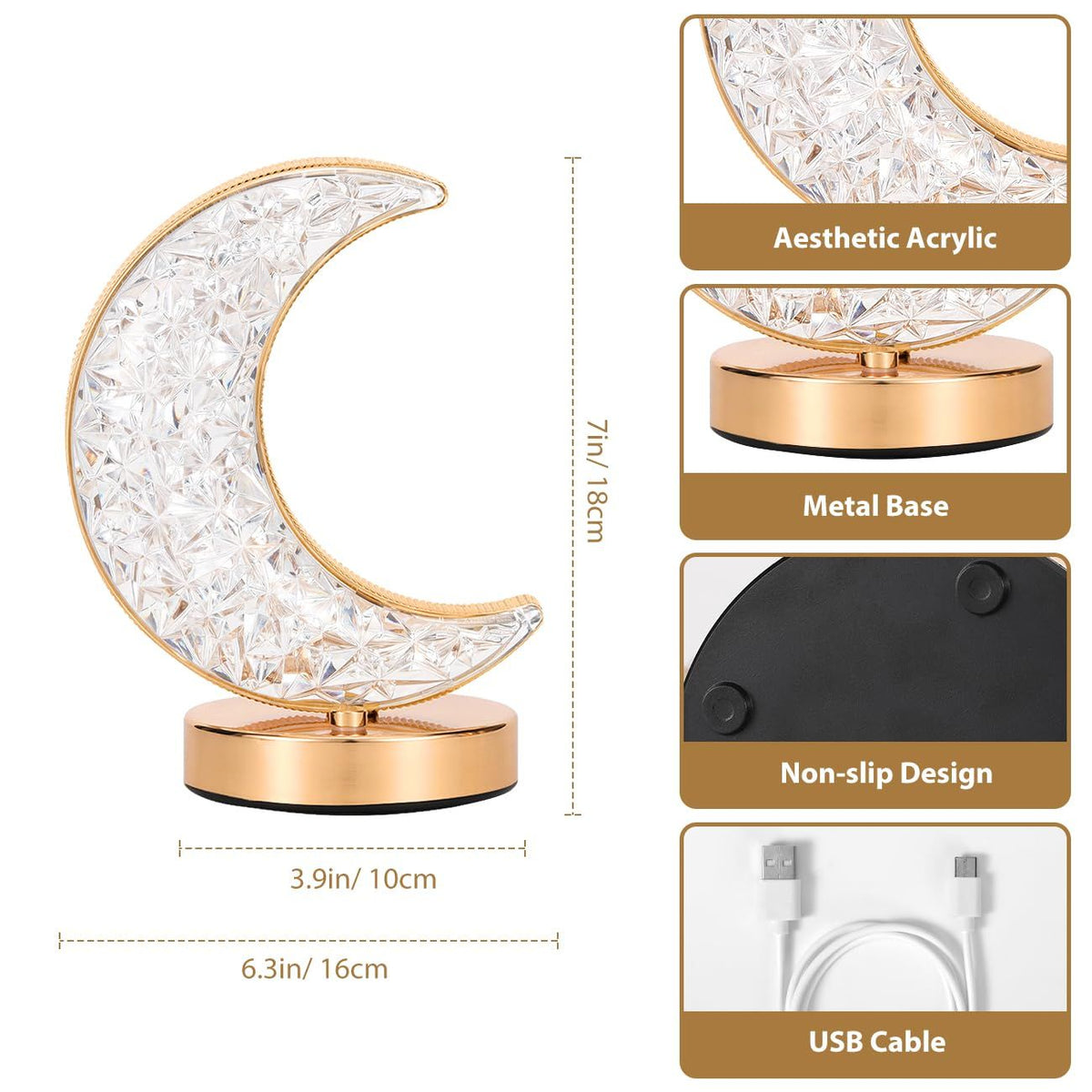 Crescent Moon Table Lamp, Stepless Dimmable Touch Lamp with 3 Colors, Rechargeable Night Light with USB , Living Room Home Decor
