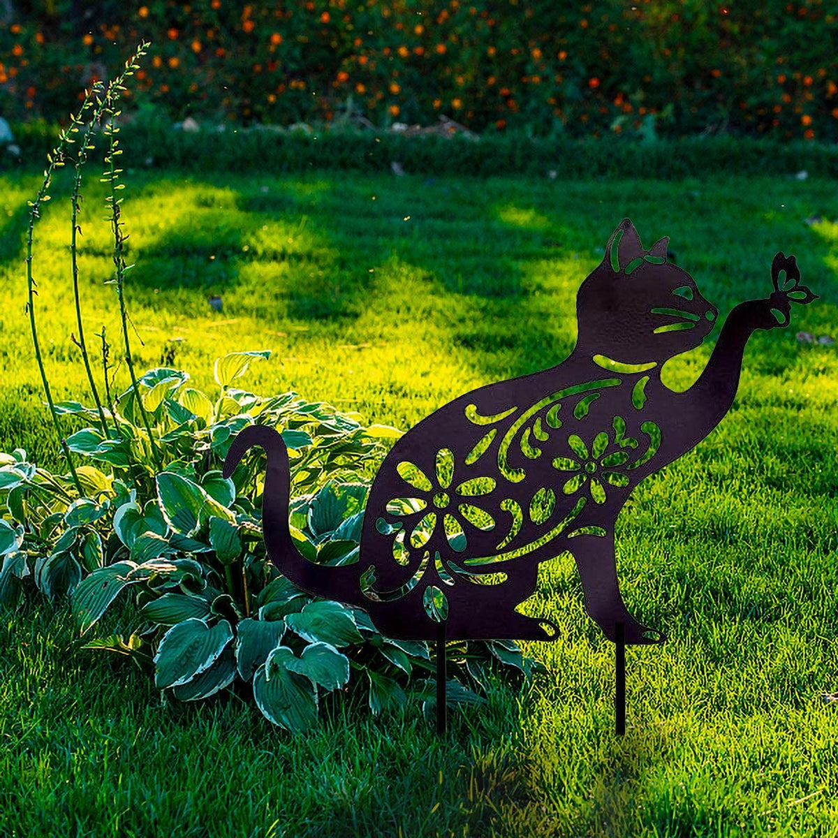 Metal Cat Garden Stakes - Black Cat Silhouette Stake Decorative for Yards, Outdoor Wrought Iron Cat and Plug-in Garden Decor