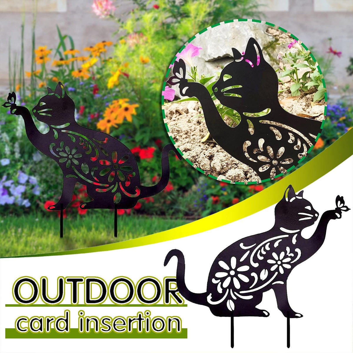 Metal Cat Garden Stakes - Black Cat Silhouette Stake Decorative for Yards, Outdoor Wrought Iron Cat and Plug-in Garden Decor