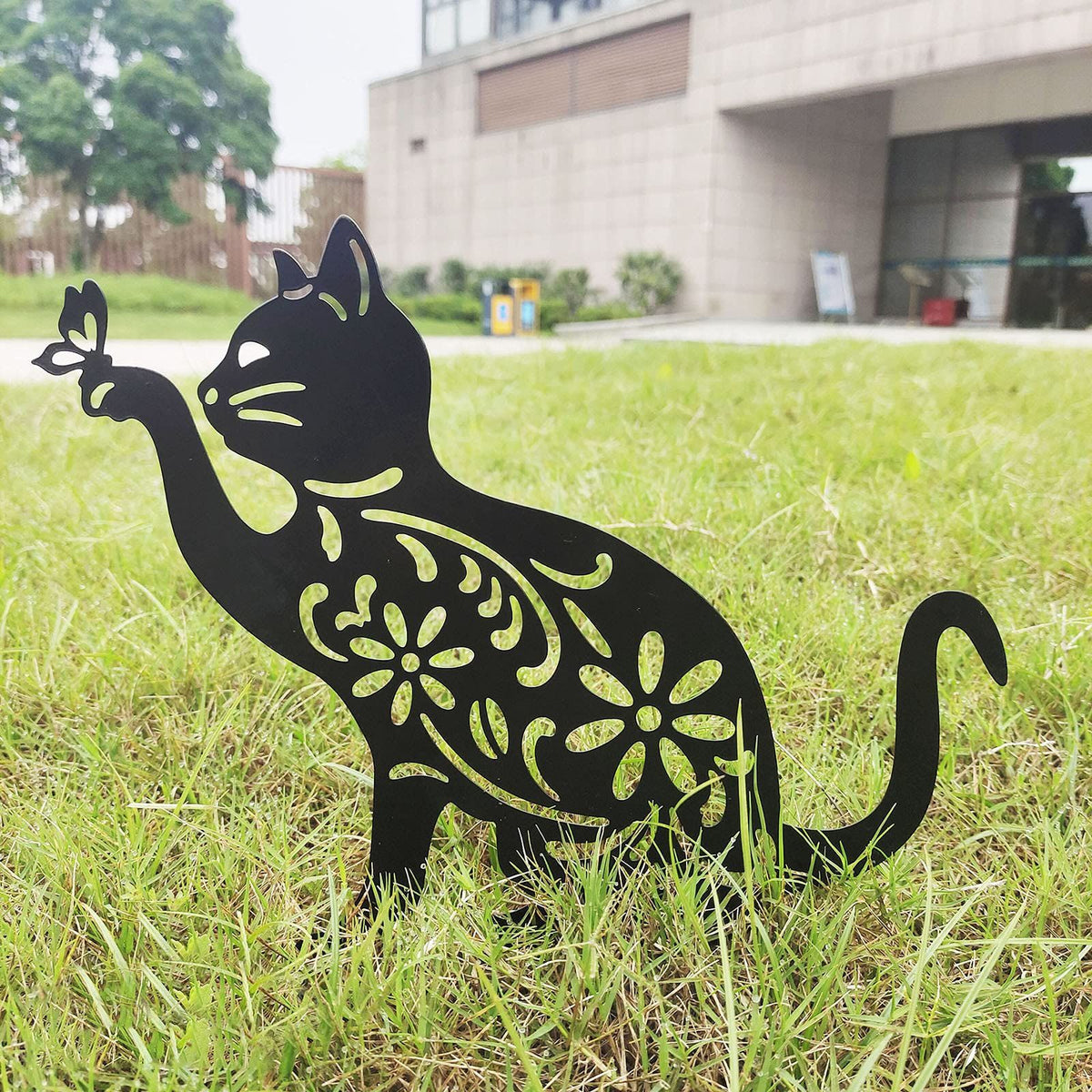 Metal Cat Garden Stakes - Black Cat Silhouette Stake Decorative for Yards, Outdoor Wrought Iron Cat and Plug-in Garden Decor