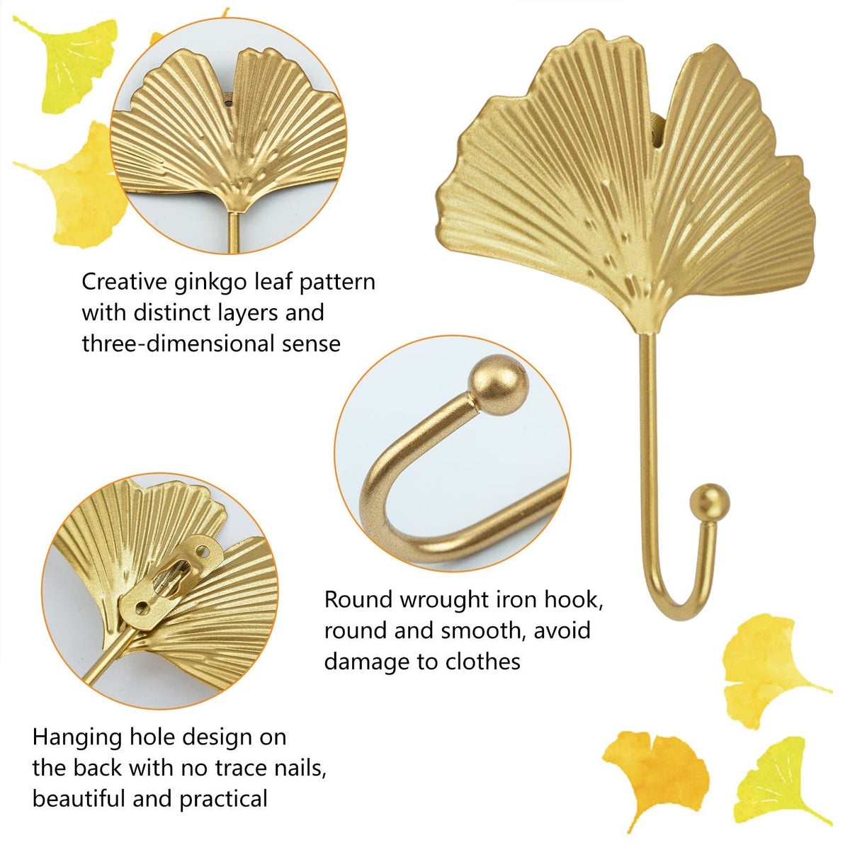 Decorative Leaves Iron Hooks,4pcs Ginkgo Leaf Shape Wall Mounted Hooks Modern Key Holder Wall Mounted Gold Single Prong Hat