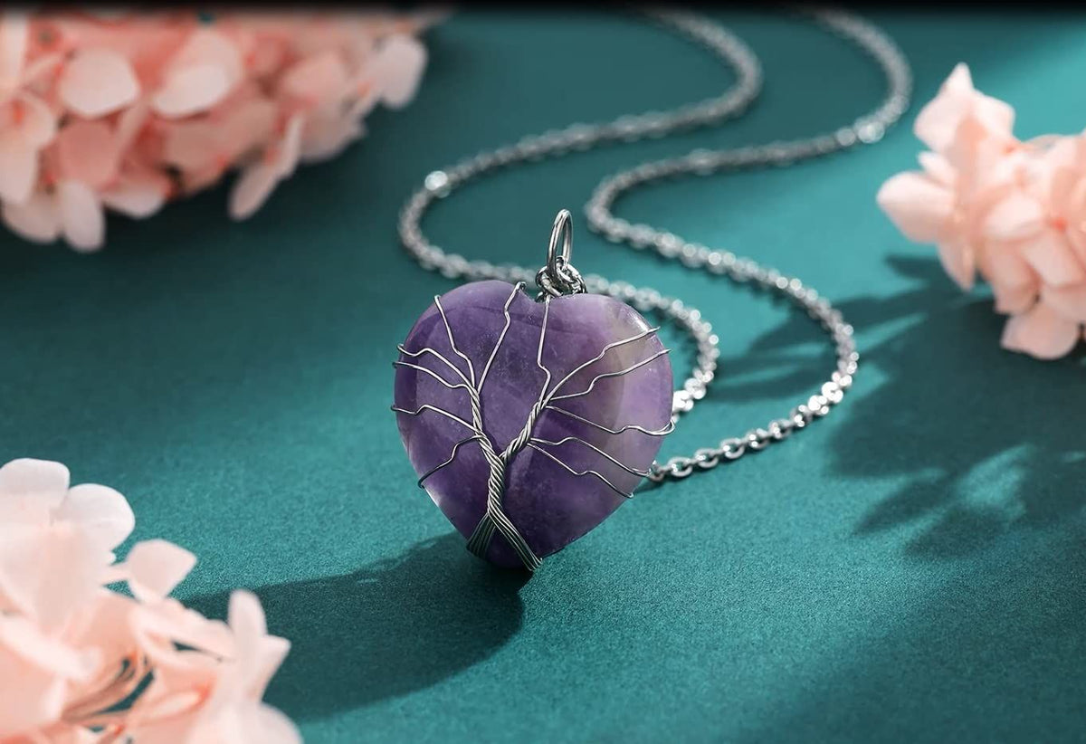 2 Pcs Healing Crystal Necklace for Women Natural Amethyst Rose Quartz Obsidian Claer Quartz Red Carnelian Green Gemstone Crystal