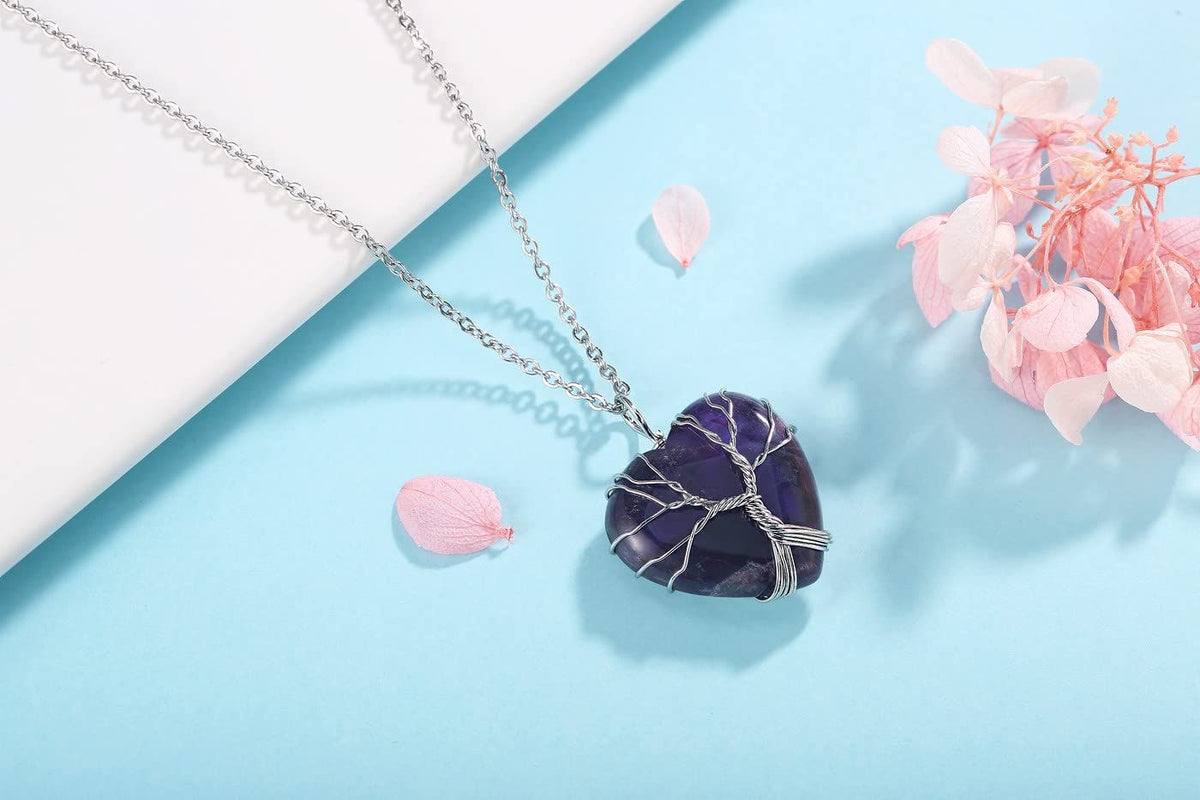 2 Pcs Healing Crystal Necklace for Women Natural Amethyst Rose Quartz Obsidian Claer Quartz Red Carnelian Green Gemstone Crystal