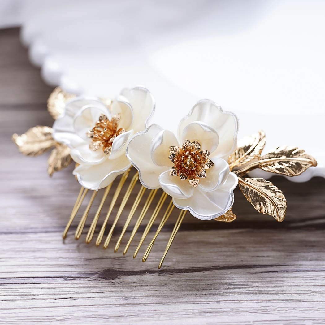 Bride Flower Bridal Hair Comb Gold Leaf Wedding Hair Piece Floral Hair Accessories for Women and Girls (Gold)