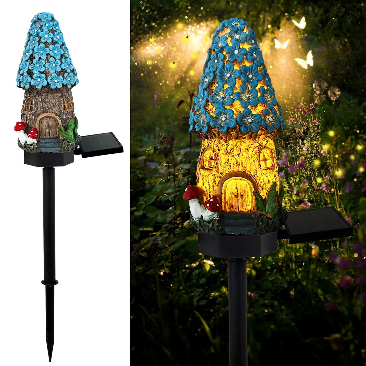 Mushroom Solar Lights Outdoor, Waterproof Fairy Houses Lights Mushroom Garden Decor Decorative Solar Garden Stake Lights (Blue)