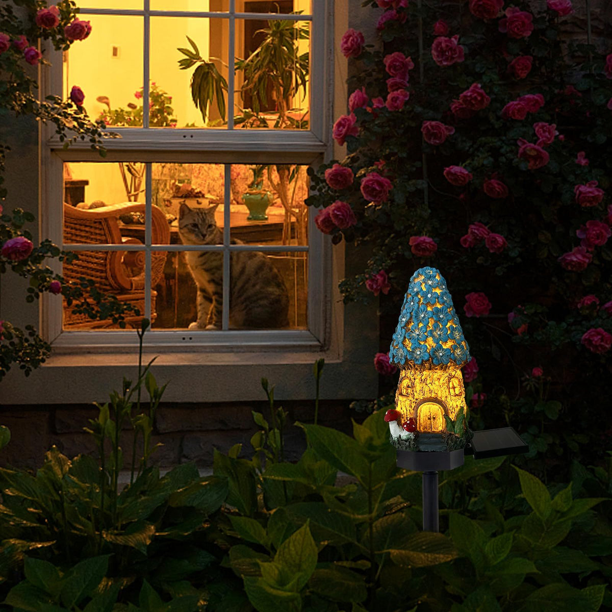 Mushroom Solar Lights Outdoor, Waterproof Fairy Houses Lights Mushroom Garden Decor Decorative Solar Garden Stake Lights (Blue)