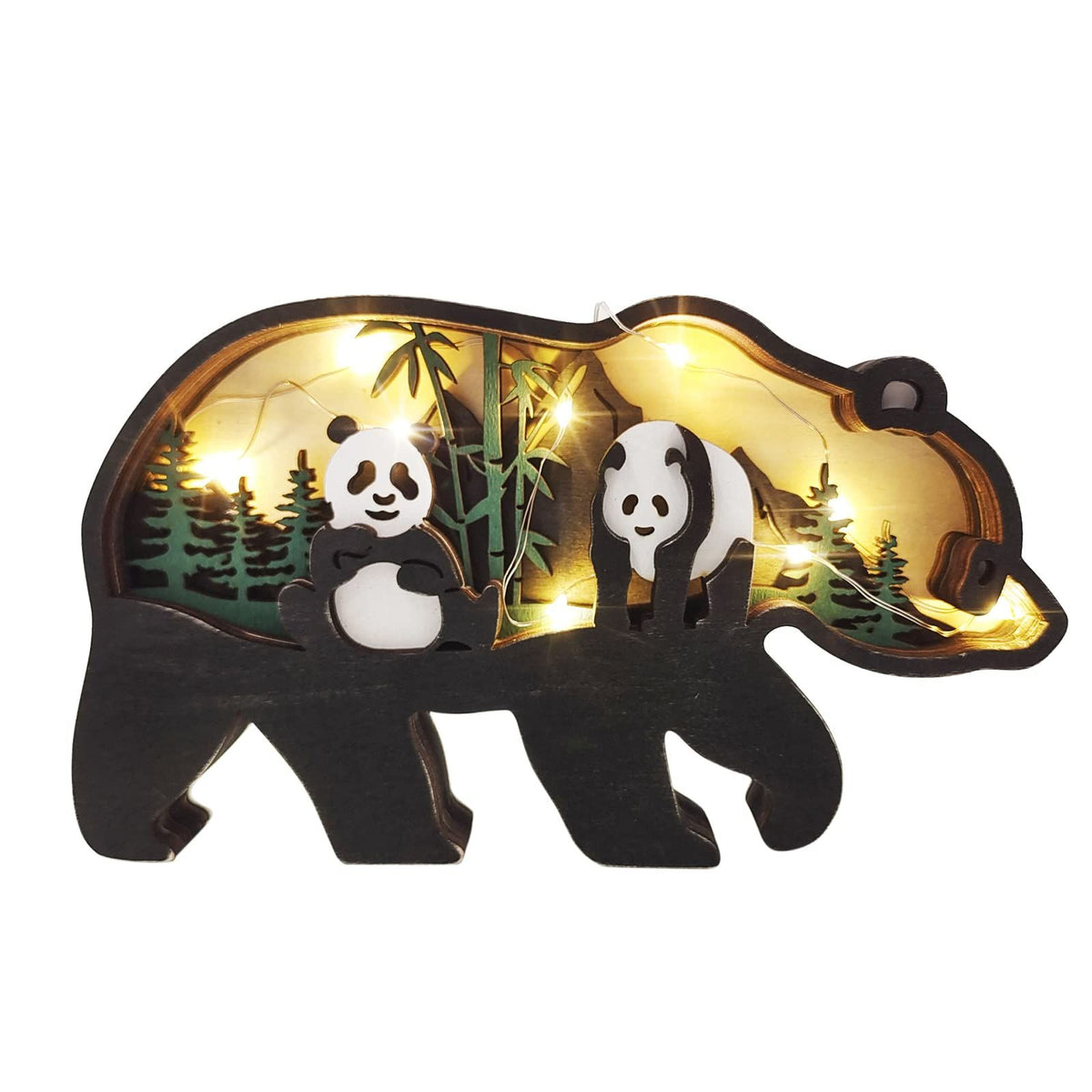 3D Carving Forest Animal Desktop Ornaments - Wooden Multi-Layered Animal Desk Knacks with Lights Desktop Decor (Panda)