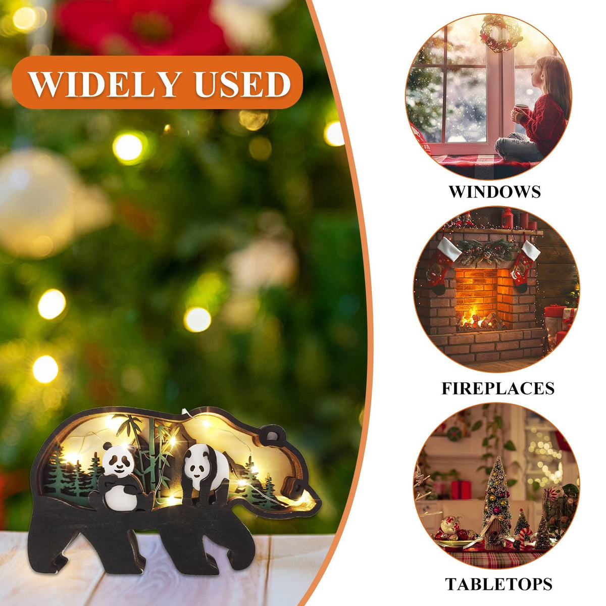 3D Carving Forest Animal Desktop Ornaments - Wooden Multi-Layered Animal Desk Knacks with Lights Desktop Decor (Panda)