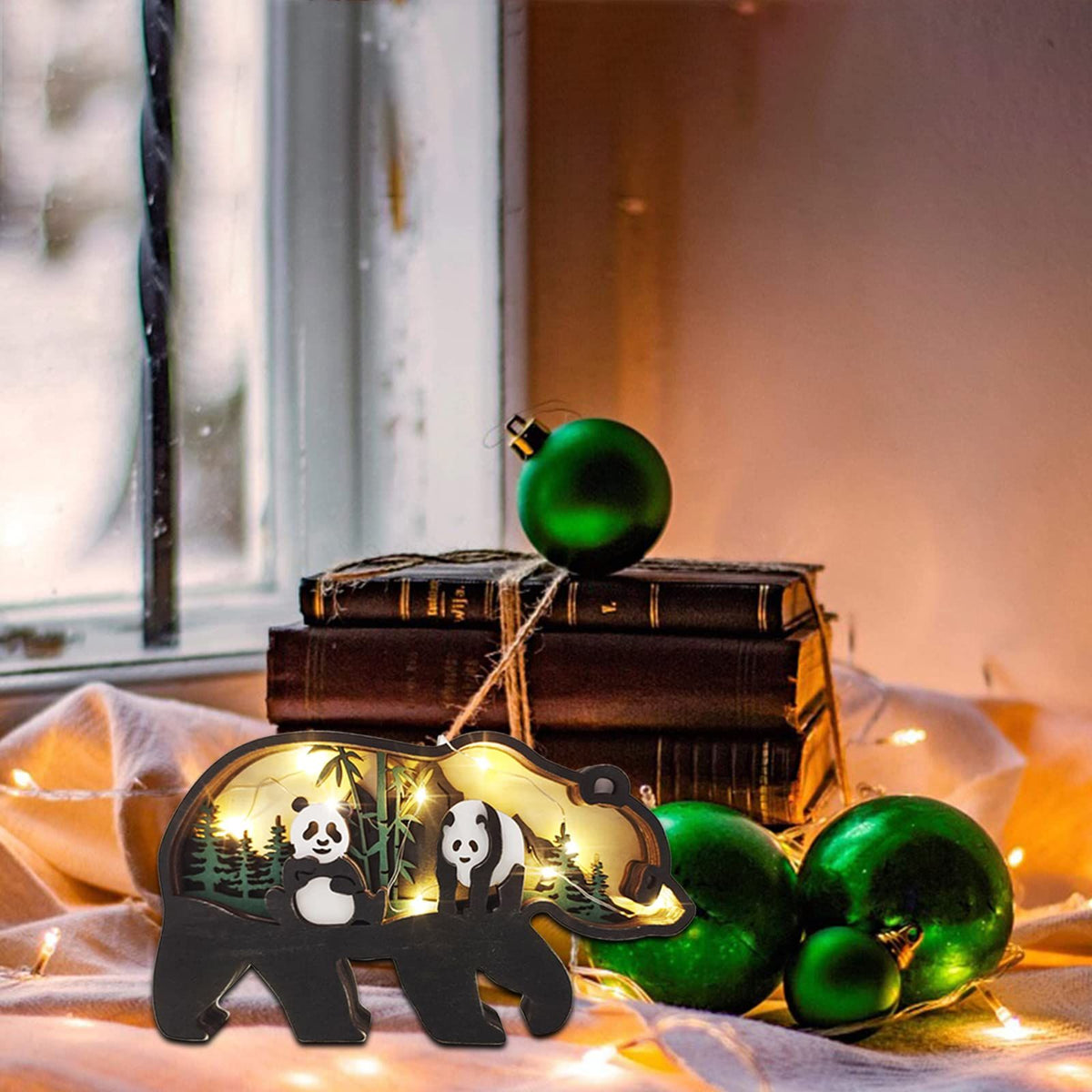 3D Carving Forest Animal Desktop Ornaments - Wooden Multi-Layered Animal Desk Knacks with Lights Desktop Decor (Panda)