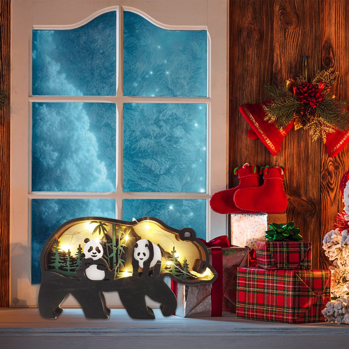 3D Carving Forest Animal Desktop Ornaments - Wooden Multi-Layered Animal Desk Knacks with Lights Desktop Decor (Panda)