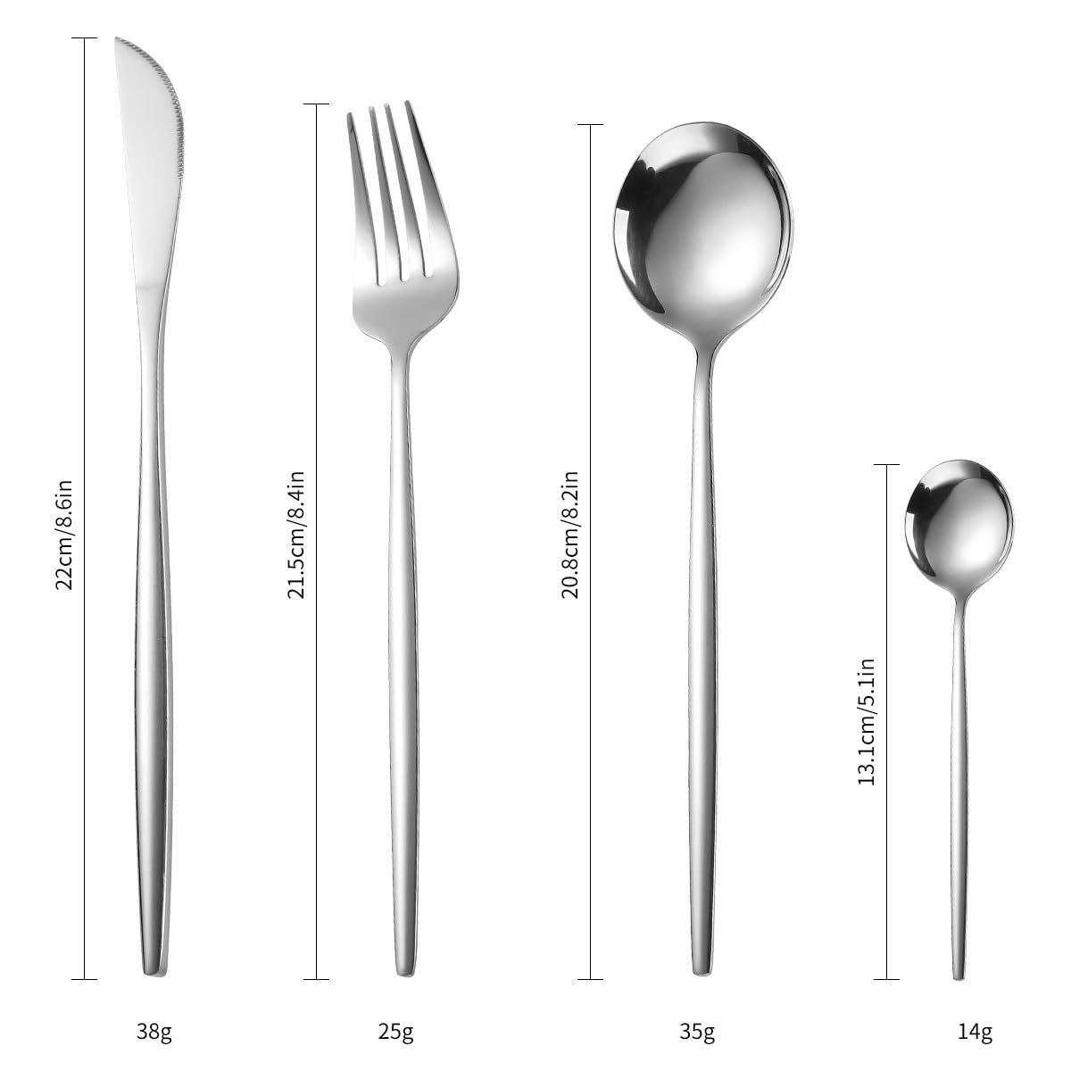 4-Piece Tableware Set, Mirror Polished Kitchen Utensils with Dinner Fork, Steak Knife, Dinner Spoon & Tea Spoon (Silver)