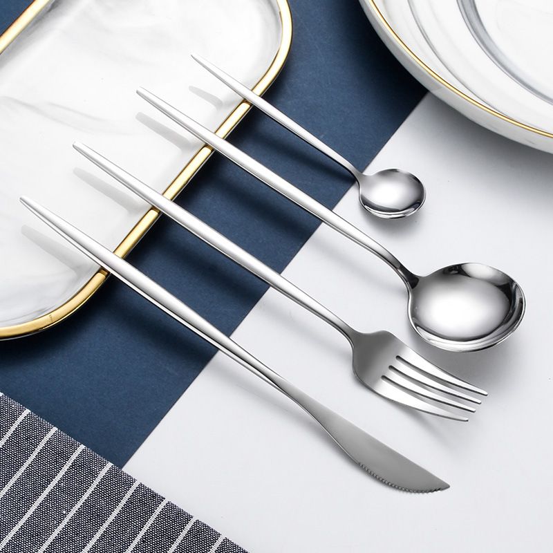 4-Piece Tableware Set, Mirror Polished Kitchen Utensils with Dinner Fork, Steak Knife, Dinner Spoon & Tea Spoon (Silver)