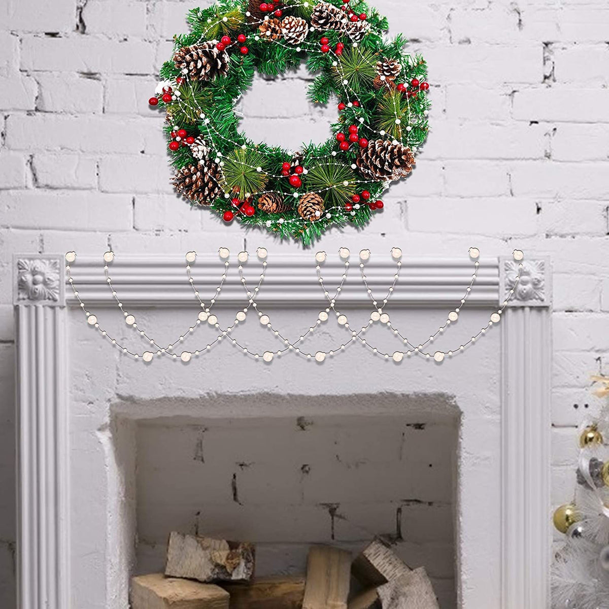 16.5 Ft Christmas Beads Decoration Pearl Strands Chain for Christmas Tree Decoration Indoor Outdoor Home Mantle Fireplace Holiday