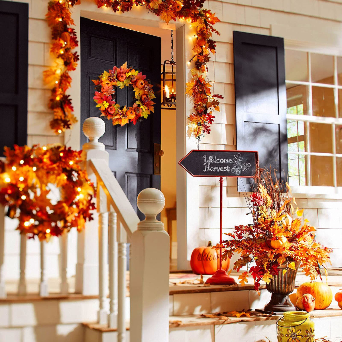 Fall Wreath for Front Door, 15" Artificial Autumn Pumpkin Wreath, Harvest Wreath Thanksgiving Wreath for Fall, Indoor Wreath Party