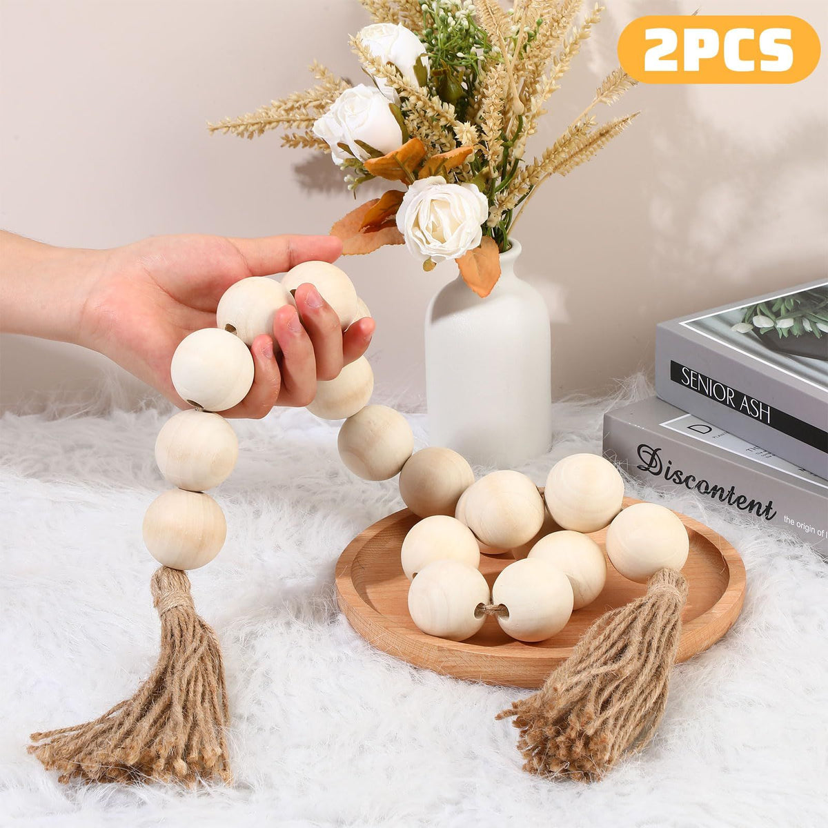 2 Pcs Large Wood Bead Garland with 1.57" Diameter Wood Beads and Tassel, Decorative Beads Boho Home Decor Long Oversized  (White)