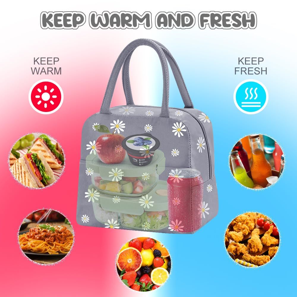 Reusable Insulated Lunch Bag for Women/Men/Adult Portable Thermal Lunch Box Tote Bag Small Lunch Bag with Daisy Pattern