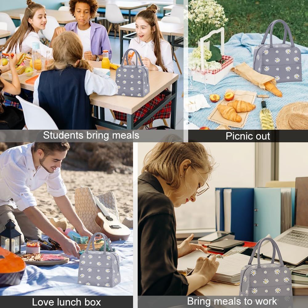 Reusable Insulated Lunch Bag for Women/Men/Adult Portable Thermal Lunch Box Tote Bag Small Lunch Bag with Daisy Pattern