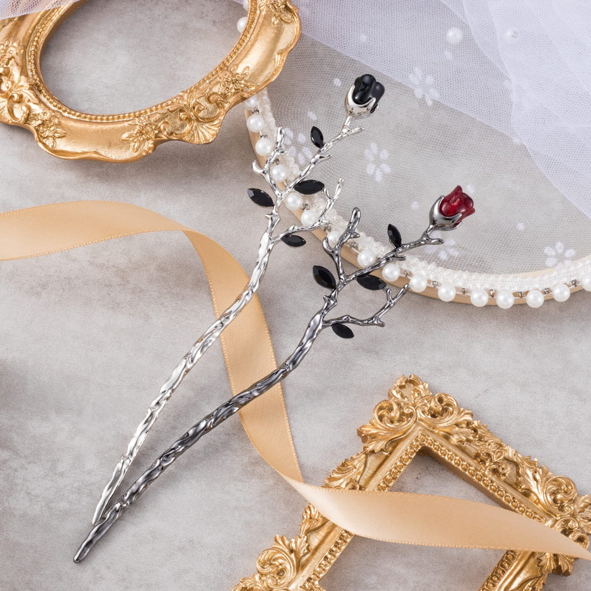 2pcs Rose Hair Sticks for Bun Black Silver Vintage Hair Chopsticks Metal Flower Chinese Hair Pins Wedding Prom Halloween