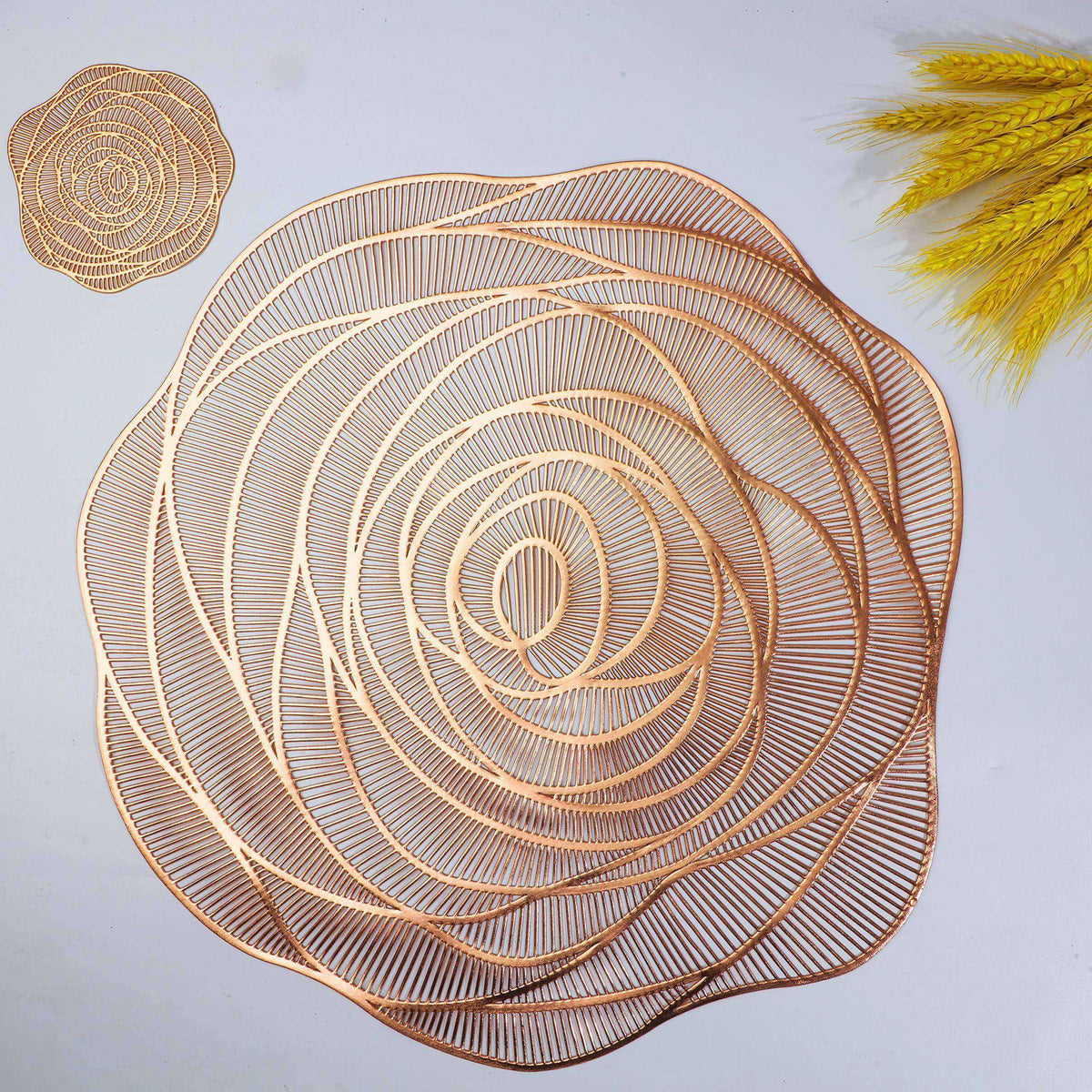 Snowkingdom Rose Gold Placemats and Coasters Set of 6 Pressed Metallic Vinyl Round Place Mats Dining Table Mats Dinning