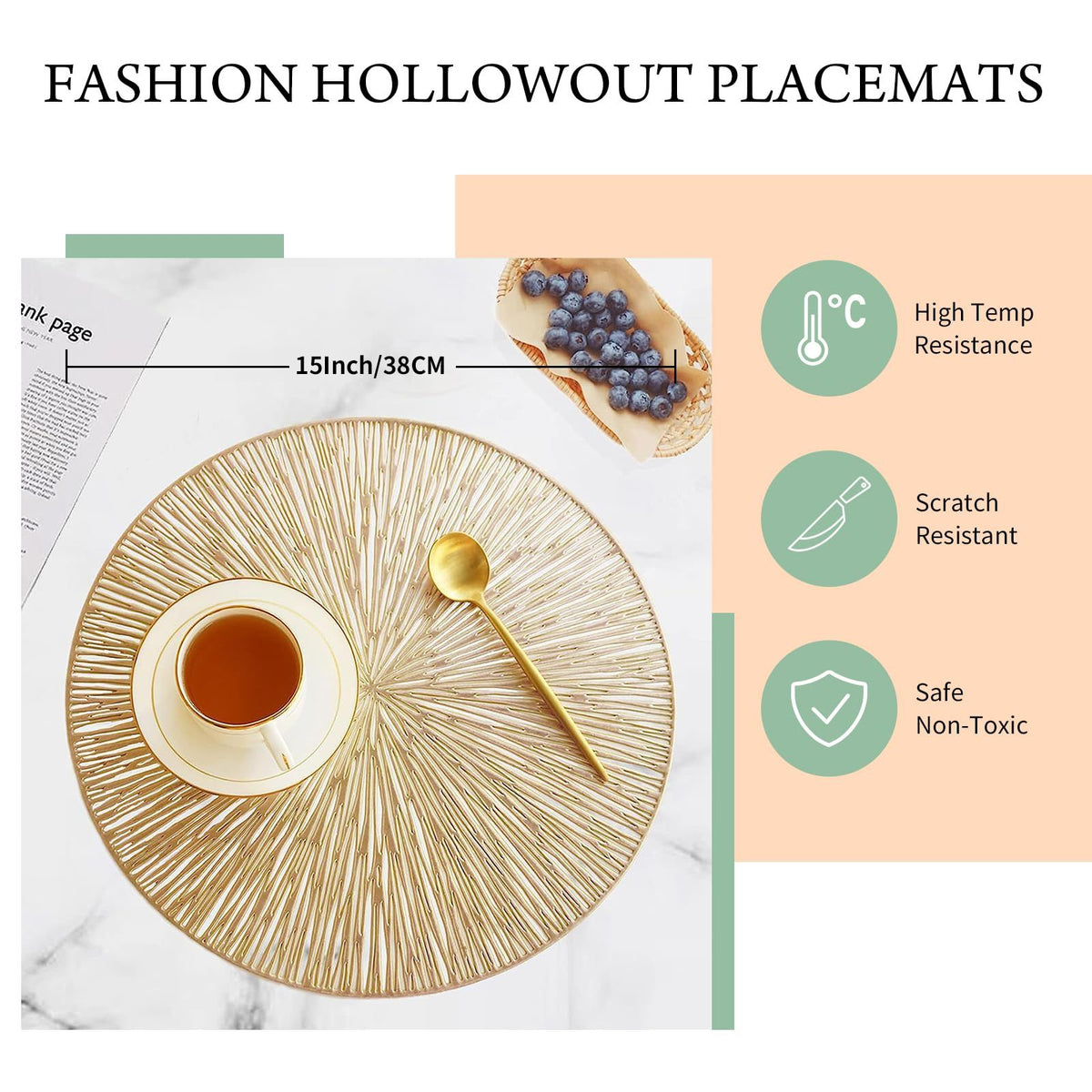 6PCS Round Placemats Pressed Vinyl Slip Resistant Table Mats Golden Fireworks Placmats Wipeable Hollowout （15 x15,Gold）