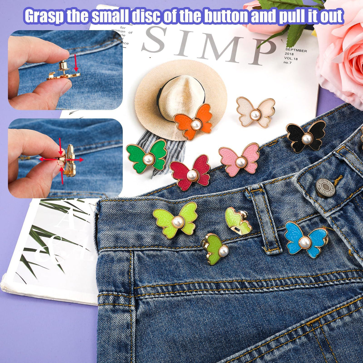 9 Pairs Butterfly Pants Button Tightener, Colorful Adjustable Waist Buckle Detachable Pearls Jeans Button Extender