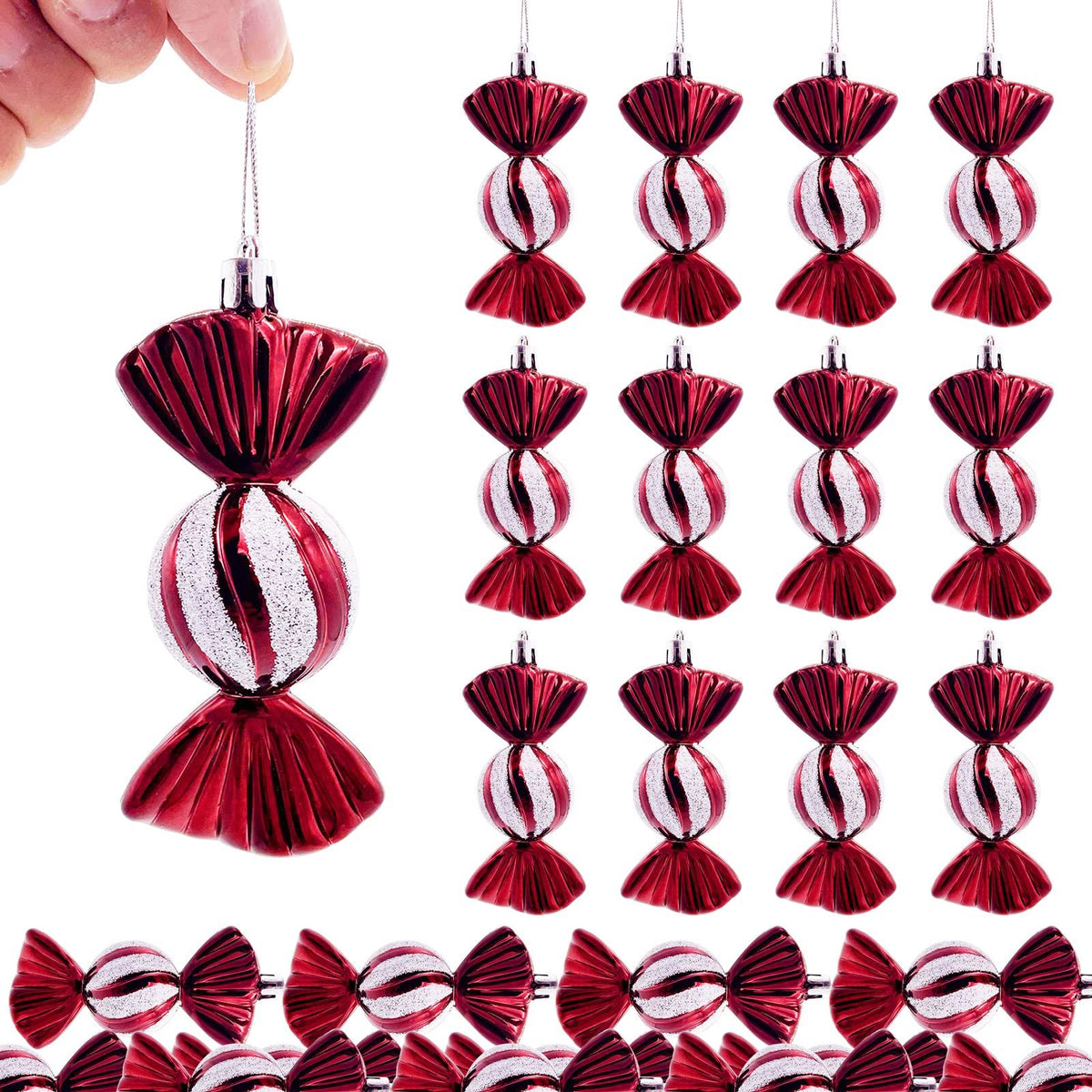 4 PC  Shatterproof Xmas Candies Ornaments，Christmas Candy Ornaments Hanging Glitter with Ropes for Christmas Tree Candy Cane Home